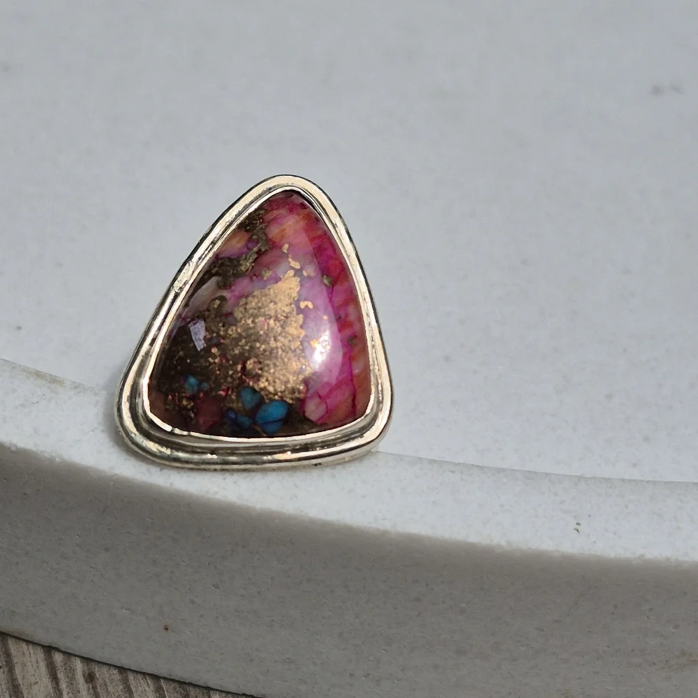 925 Silver Pink Cotton Candy Cooper Turqouis Artisanal Handmade Ring - Picture 10 of 11